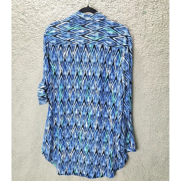 Tunic Top Womens L Blue Button Up Long Roll Tab Sleeves Collar Casual Geometric - Picture 9 of 12